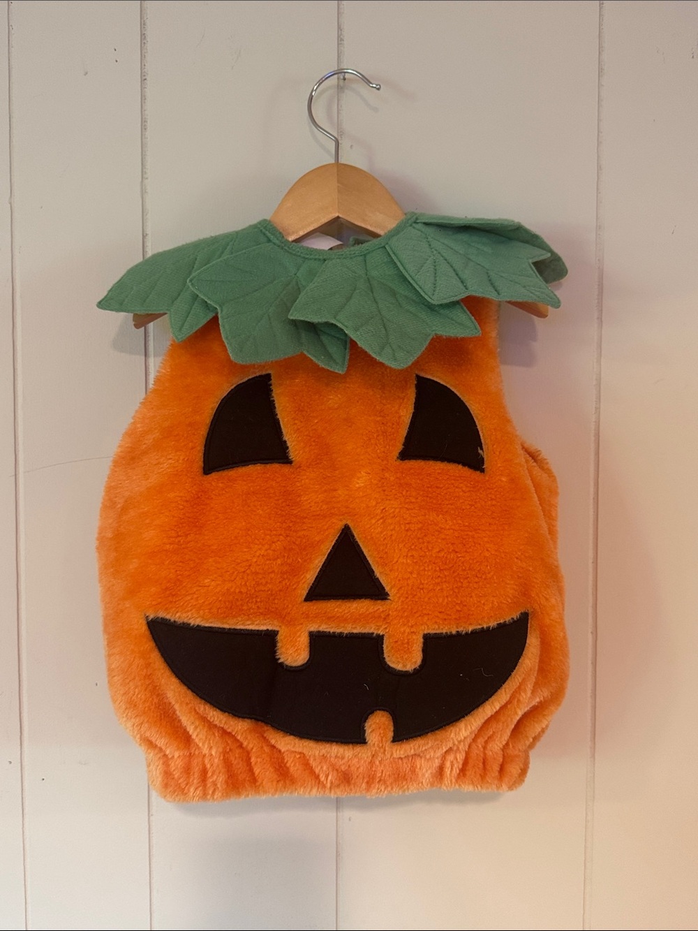 Kids Plush Pumpkin Costume with Green Leaf Collar